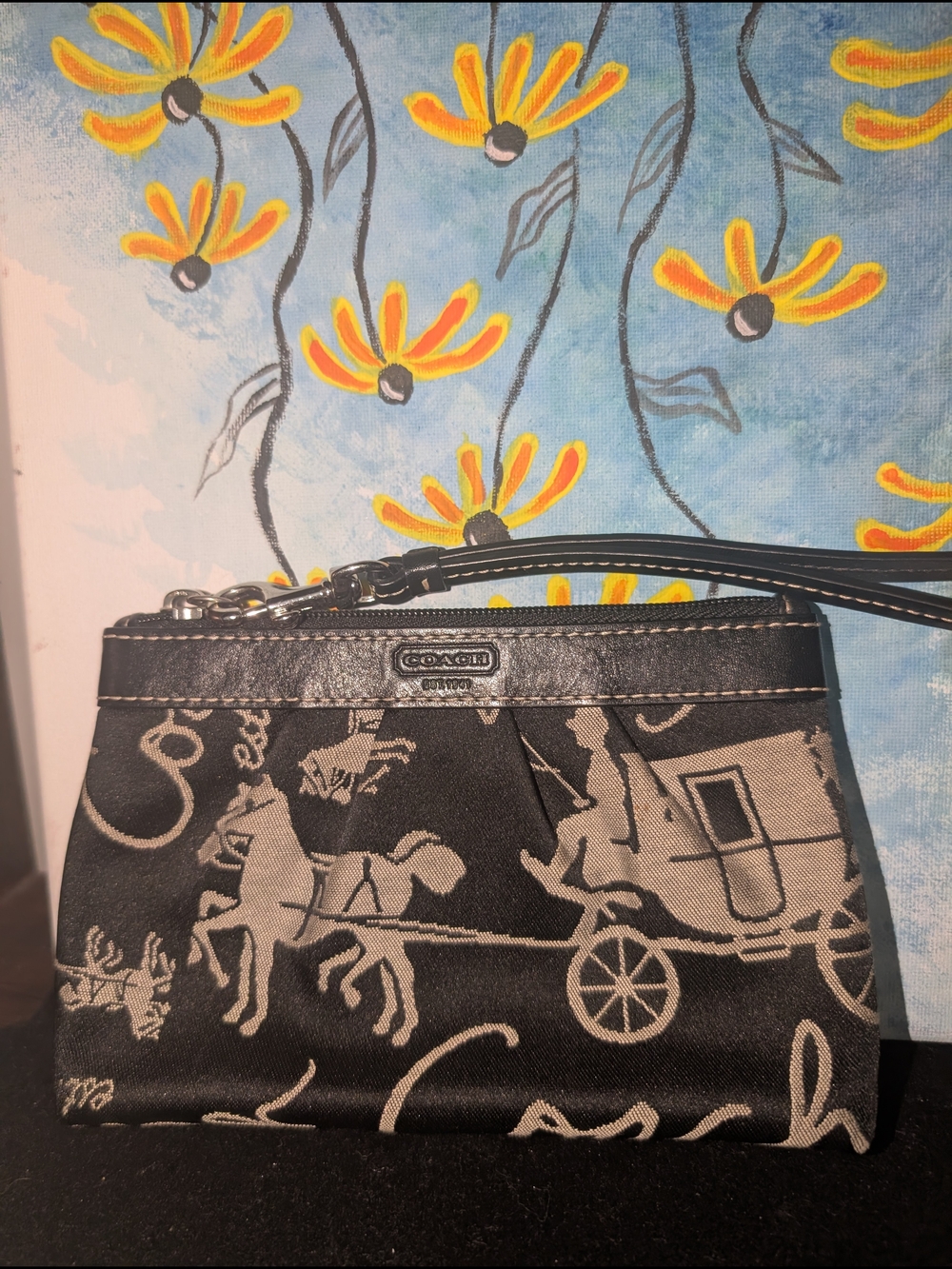 Coach Black and Tan Signature Horse Carriage Wristlet Pouch